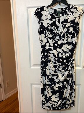 Ralph Lauren Black and White Floral Midi Wrap-Style Dress